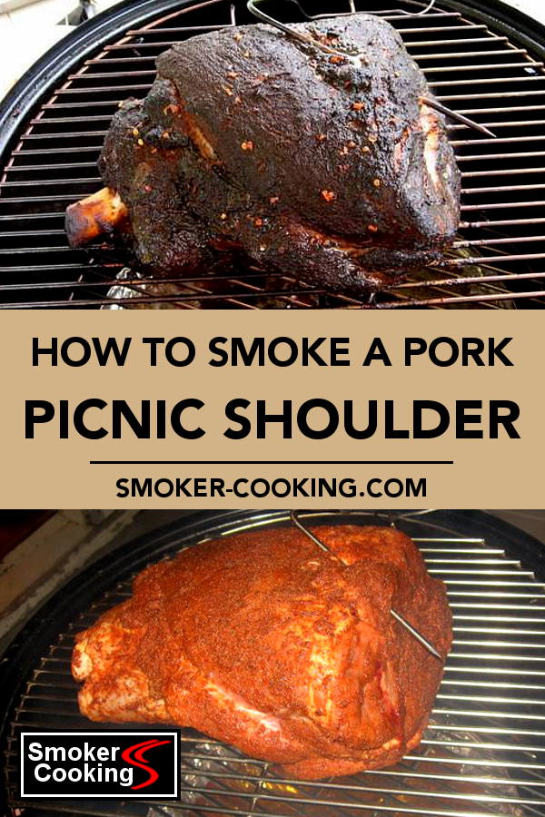 Zwei Bilder von Schweinefleisch-Picknicks auf einem Smoker, vorher und nachher. Eines ist ungekocht und mit einem bunten Dry Rub bestrichen. Das andere ist schön gebräunt, der Knochen liegt frei